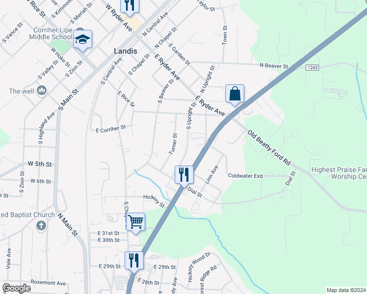 map of restaurants, bars, coffee shops, grocery stores, and more near 400 South Upright Street in Landis