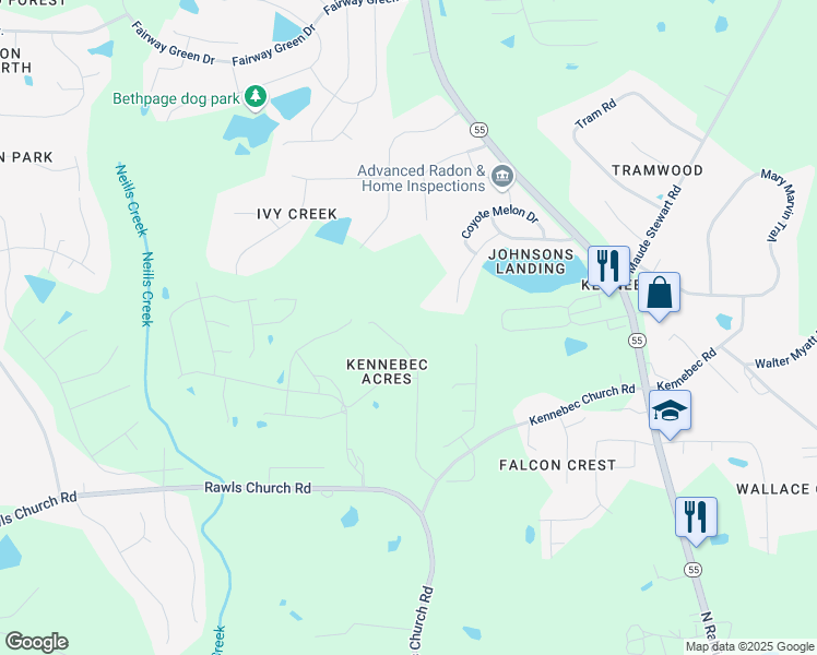 map of restaurants, bars, coffee shops, grocery stores, and more near 8205 Oakcliff Lane in Angier