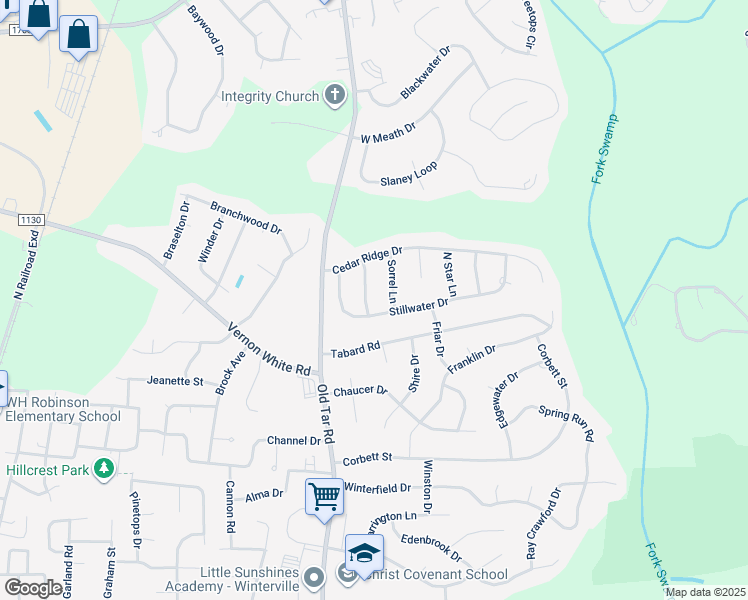 map of restaurants, bars, coffee shops, grocery stores, and more near 2243 Black Horse Lane in Winterville