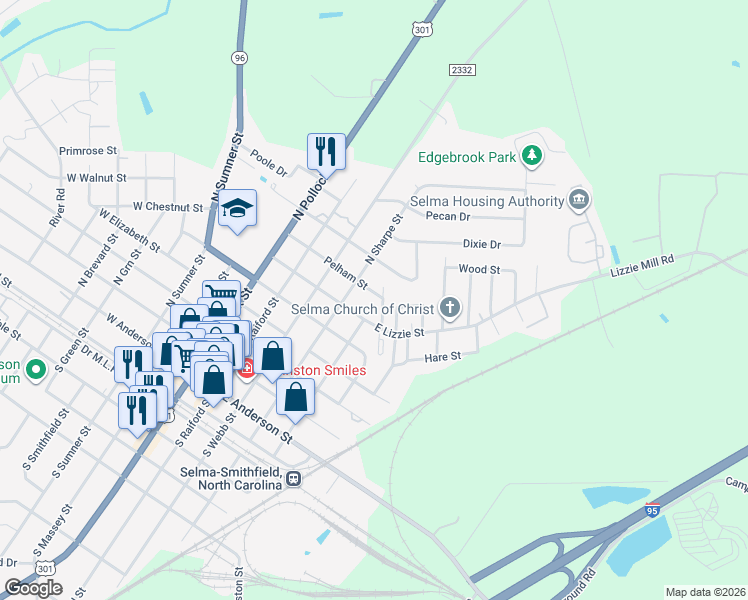 map of restaurants, bars, coffee shops, grocery stores, and more near 308 Pelham Street in Selma