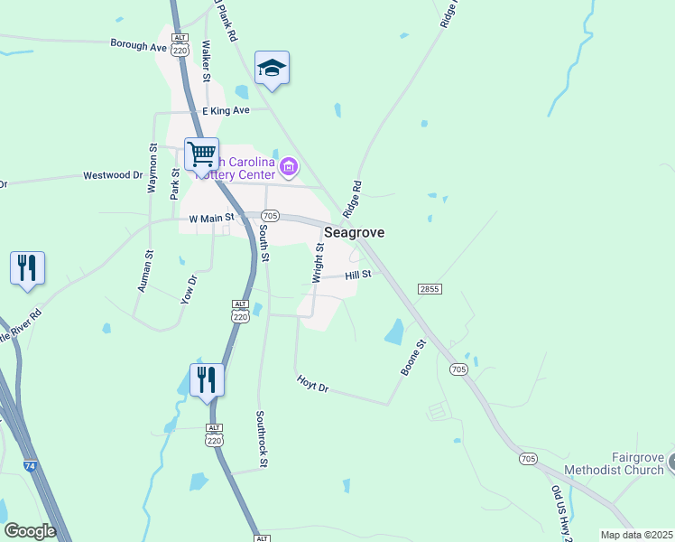 map of restaurants, bars, coffee shops, grocery stores, and more near 161 Hill Street in Seagrove