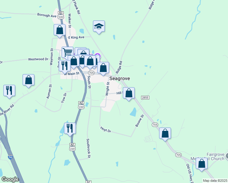 map of restaurants, bars, coffee shops, grocery stores, and more near 161 Hill Street in Seagrove
