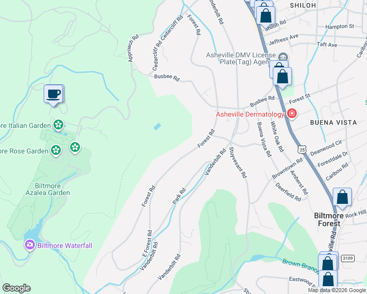 map of restaurants, bars, coffee shops, grocery stores, and more near 47 Forest Road in Biltmore Forest