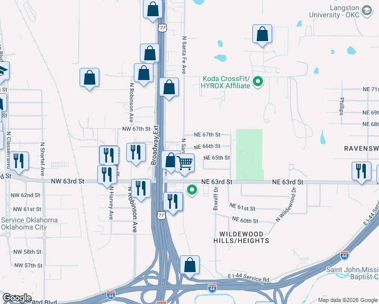map of restaurants, bars, coffee shops, grocery stores, and more near 10 North Santa Fe Avenue in Oklahoma City