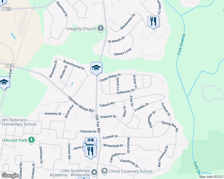 map of restaurants, bars, coffee shops, grocery stores, and more near 2243 Black Horse Lane in Winterville
