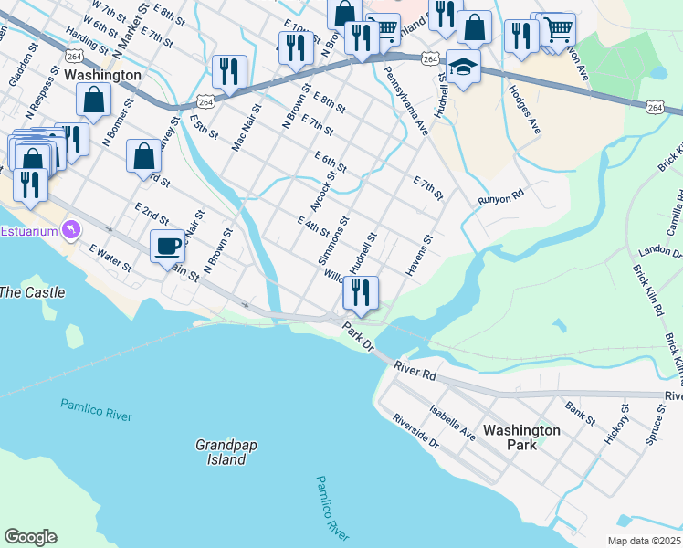 map of restaurants, bars, coffee shops, grocery stores, and more near 908 Willow Street in Washington