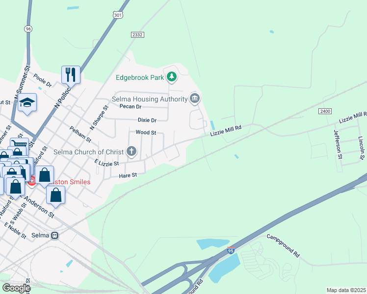 map of restaurants, bars, coffee shops, grocery stores, and more near 1210 East Lizzie Street in Selma