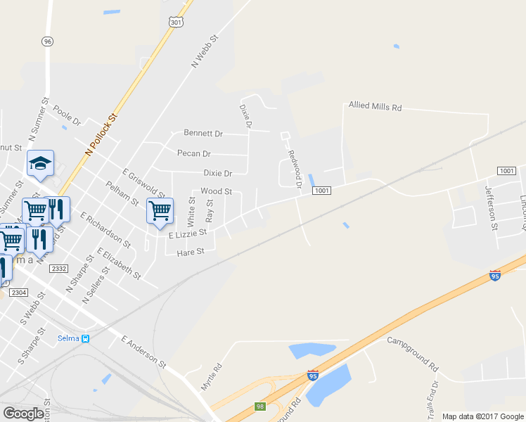 map of restaurants, bars, coffee shops, grocery stores, and more near 534 Spindale Street in Selma
