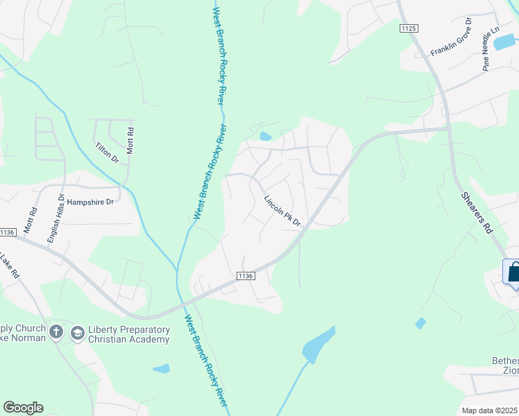 map of restaurants, bars, coffee shops, grocery stores, and more near Everett Park Drive in Mooresville