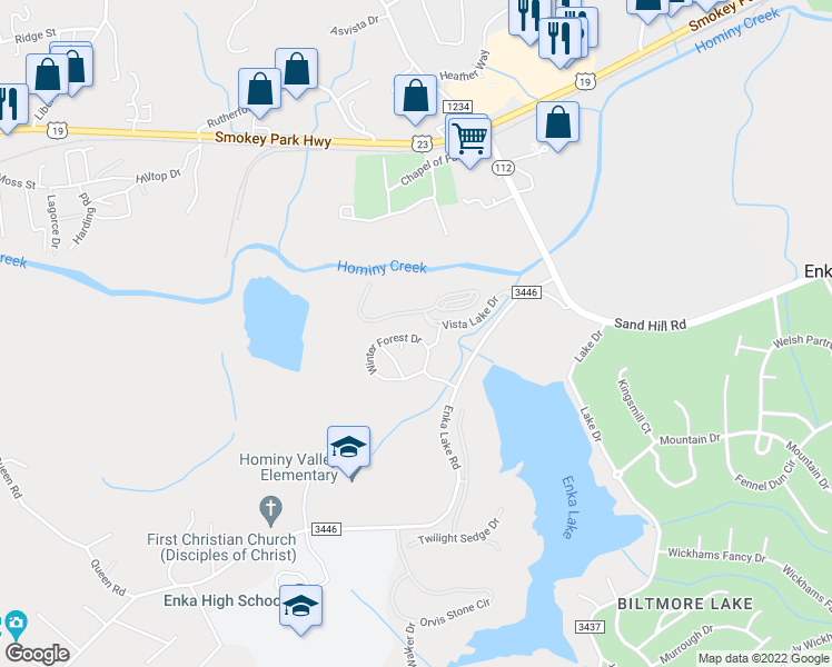 map of restaurants, bars, coffee shops, grocery stores, and more near 101 Winter Forest Drive in Candler