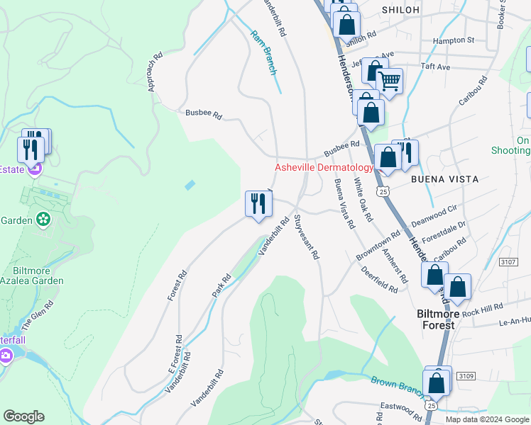 map of restaurants, bars, coffee shops, grocery stores, and more near 12 Lone Pine Road in Biltmore Forest