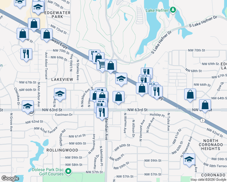 map of restaurants, bars, coffee shops, grocery stores, and more near 6600 North Meridian Avenue in Oklahoma City