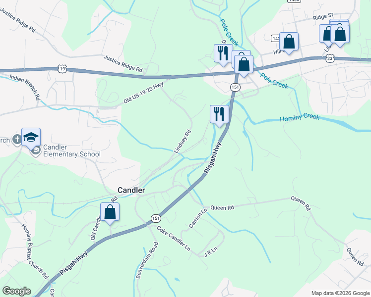map of restaurants, bars, coffee shops, grocery stores, and more near 79 Lindsey Road in Candler
