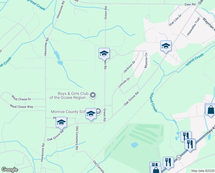 map of restaurants, bars, coffee shops, grocery stores, and more near 1034 Green Road in Madisonville