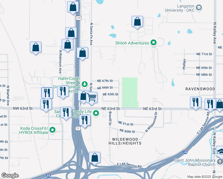 map of restaurants, bars, coffee shops, grocery stores, and more near 37 Northeast 66th Street in Oklahoma City