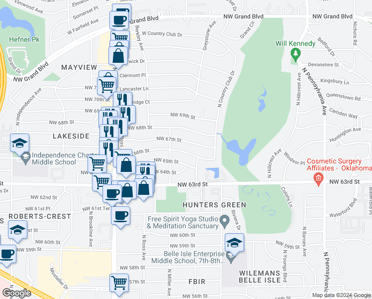 map of restaurants, bars, coffee shops, grocery stores, and more near 2625 Northwest 66th Street in Oklahoma City