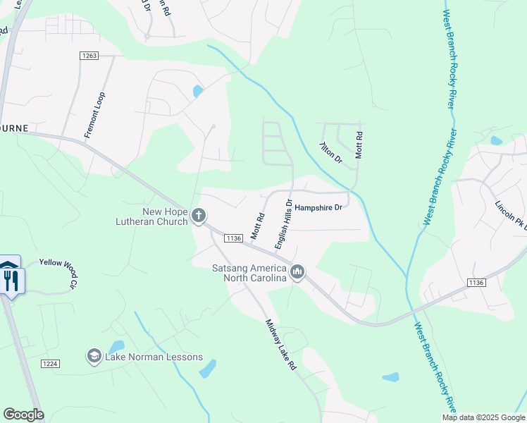 map of restaurants, bars, coffee shops, grocery stores, and more near 130 Mott Road in Mooresville