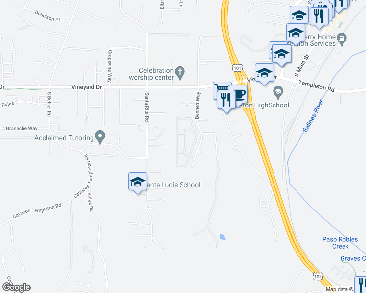 map of restaurants, bars, coffee shops, grocery stores, and more near 1220 Bennett Way in Templeton