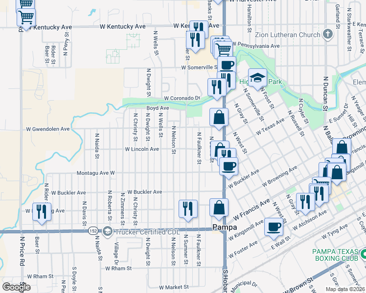 map of restaurants, bars, coffee shops, grocery stores, and more near 701 North Sumner Street in Pampa