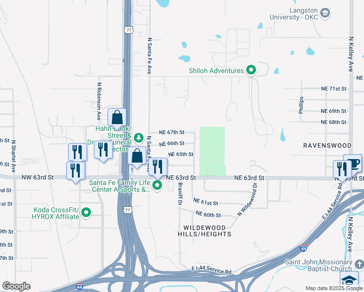 map of restaurants, bars, coffee shops, grocery stores, and more near 37 Northeast 66th Street in Oklahoma City