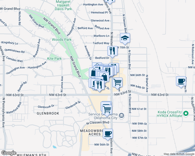 map of restaurants, bars, coffee shops, grocery stores, and more near 1114 Cumberland Drive in Nichols Hills