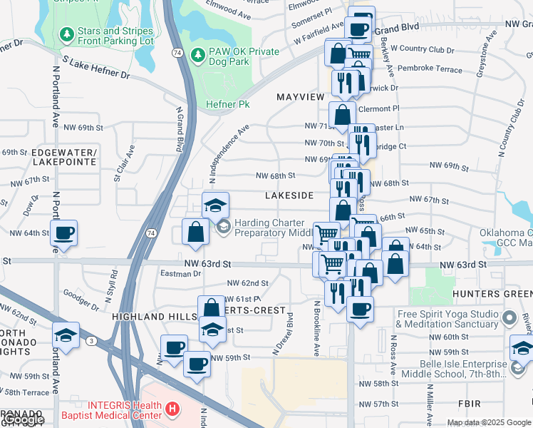 map of restaurants, bars, coffee shops, grocery stores, and more near in Oklahoma City