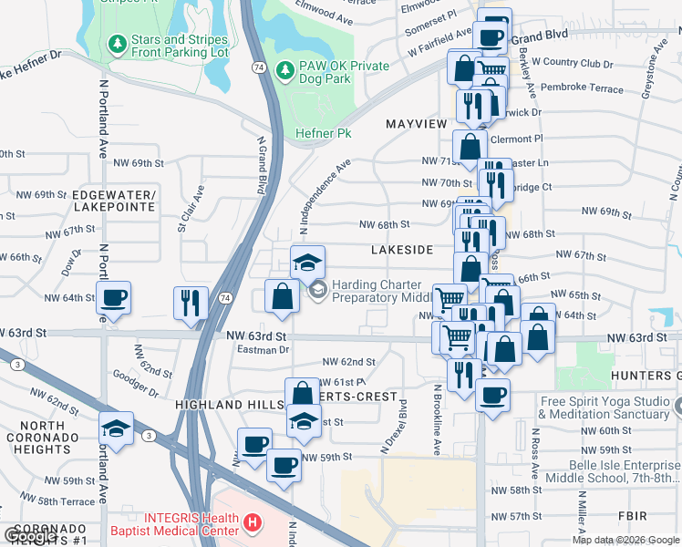 map of restaurants, bars, coffee shops, grocery stores, and more near 3141 Northwest 66th Street in Oklahoma City