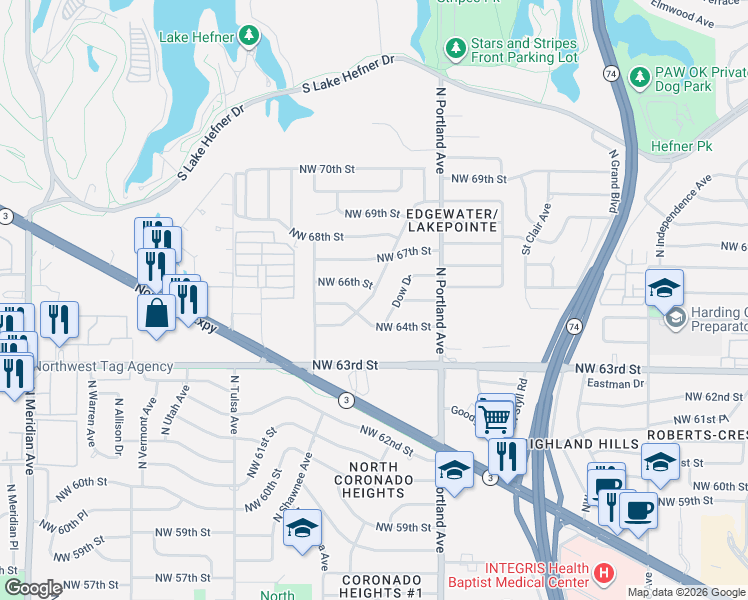map of restaurants, bars, coffee shops, grocery stores, and more near 3808 Northwest 66th Street in Oklahoma City