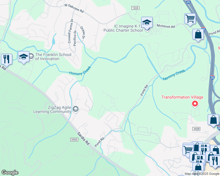 map of restaurants, bars, coffee shops, grocery stores, and more near 543 Pond Road in Asheville