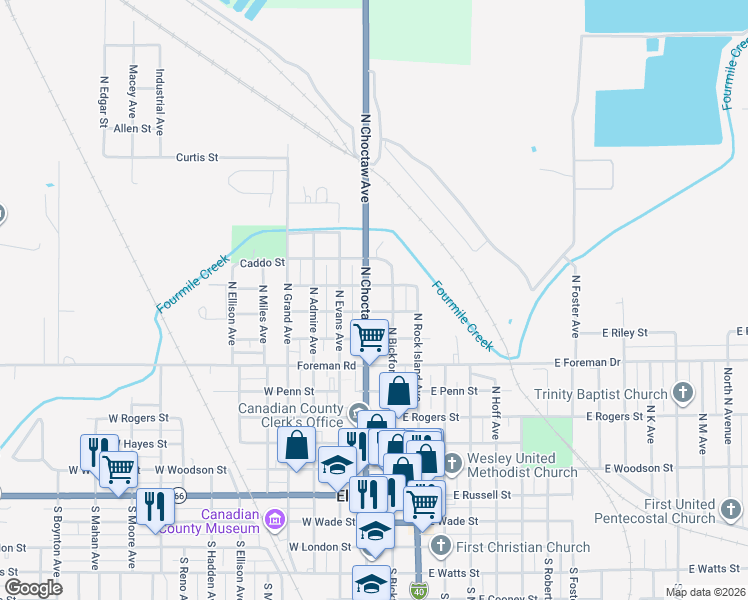 map of restaurants, bars, coffee shops, grocery stores, and more near 720 North Choctaw Avenue in El Reno