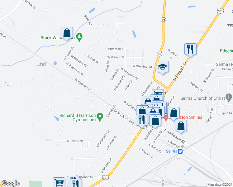 map of restaurants, bars, coffee shops, grocery stores, and more near 610 West Anderson Street in Selma