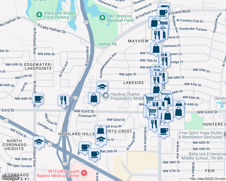 map of restaurants, bars, coffee shops, grocery stores, and more near 3200 Northwest 66th Street in Oklahoma City