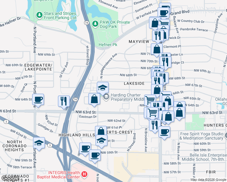 map of restaurants, bars, coffee shops, grocery stores, and more near 3141 Northwest 66th Street in Oklahoma City