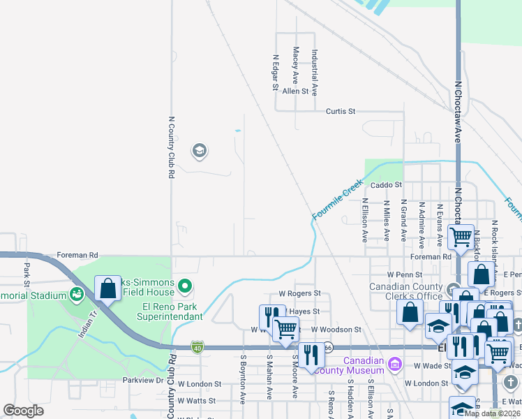 map of restaurants, bars, coffee shops, grocery stores, and more near 702 North Boynton Avenue in El Reno