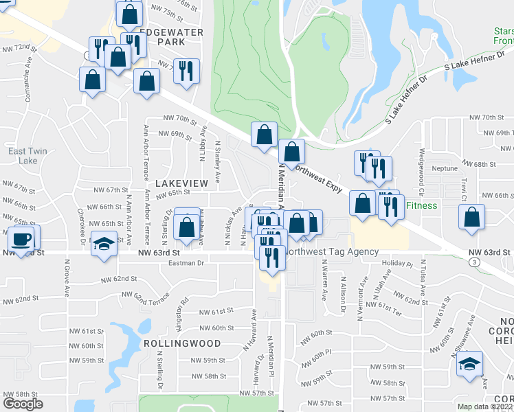 map of restaurants, bars, coffee shops, grocery stores, and more near 6613 North Meridian Avenue in Oklahoma City