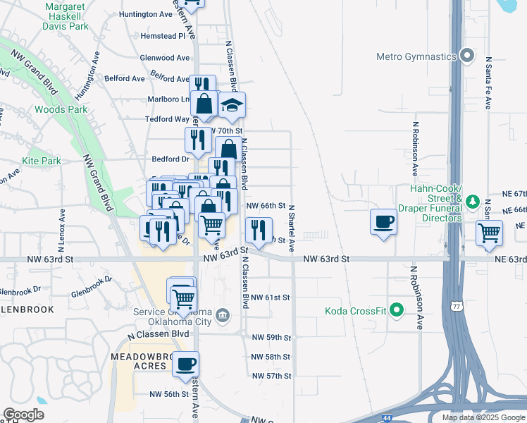 map of restaurants, bars, coffee shops, grocery stores, and more near 900 Northwest 66th Street in Oklahoma City