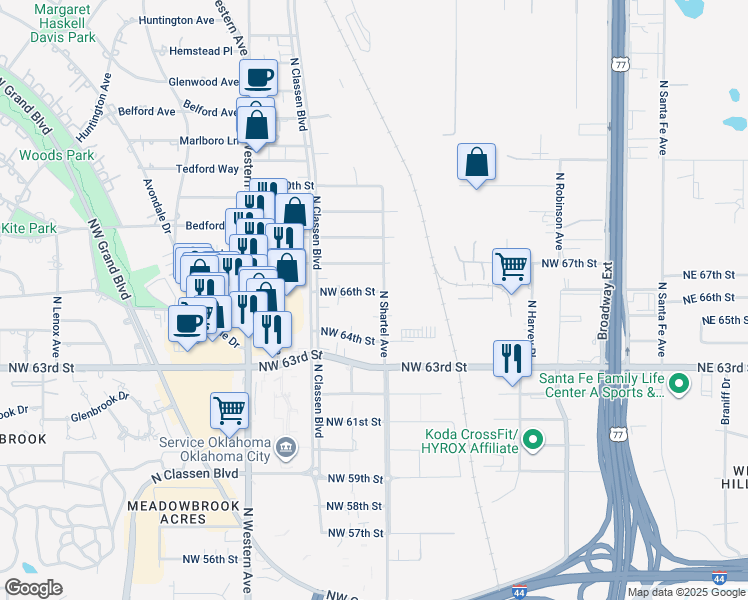map of restaurants, bars, coffee shops, grocery stores, and more near 800 Northwest 66th Street in Oklahoma City