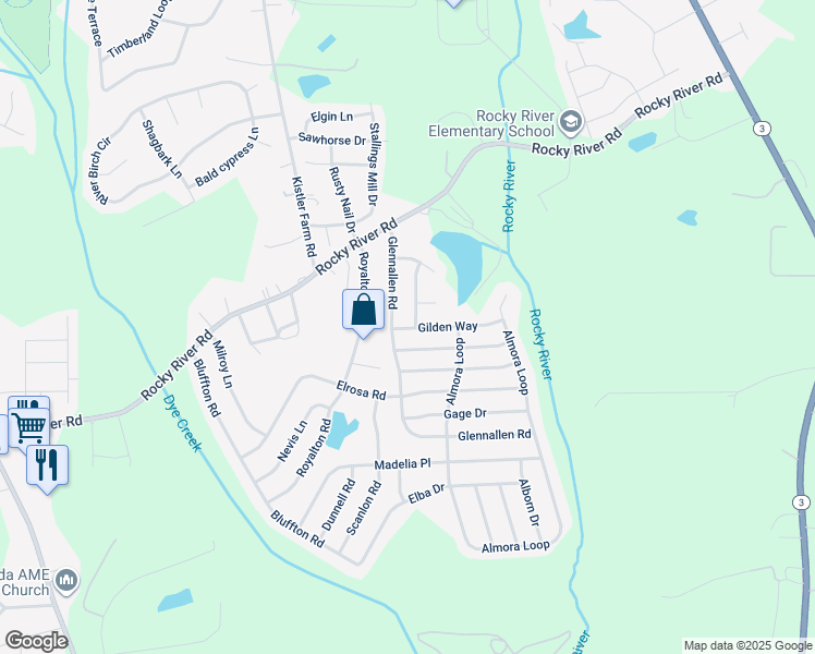 map of restaurants, bars, coffee shops, grocery stores, and more near 123 Gilden Way in Mooresville