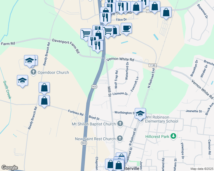 map of restaurants, bars, coffee shops, grocery stores, and more near Mill Street in Ayden