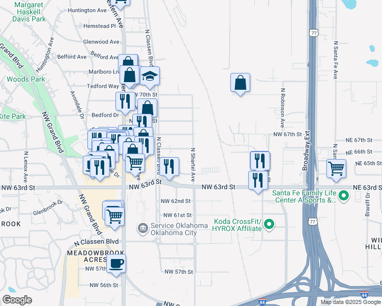 map of restaurants, bars, coffee shops, grocery stores, and more near 800 Northwest 66th Street in Oklahoma City