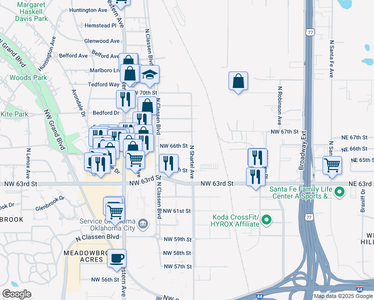map of restaurants, bars, coffee shops, grocery stores, and more near 800 Northwest 66th Street in Oklahoma City
