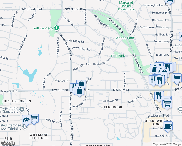 map of restaurants, bars, coffee shops, grocery stores, and more near 1703 Randel Road in Nichols Hills