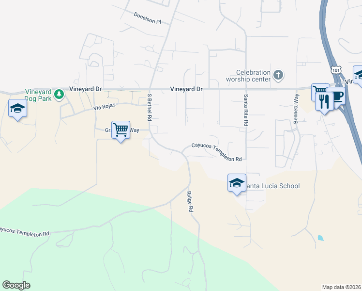 map of restaurants, bars, coffee shops, grocery stores, and more near 1350 Santa Rita Road in Templeton