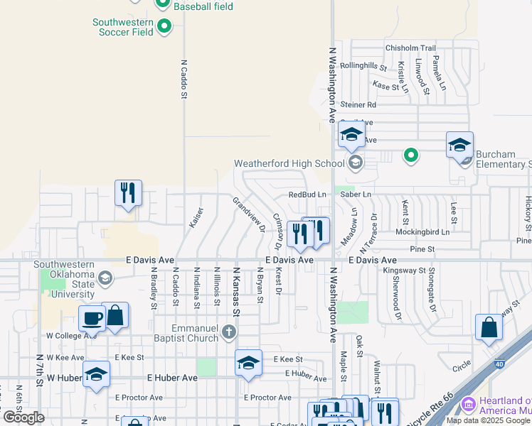 map of restaurants, bars, coffee shops, grocery stores, and more near 1319 Crimson Drive in Weatherford