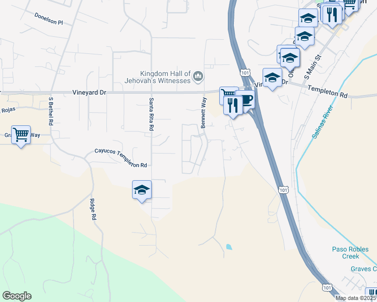 map of restaurants, bars, coffee shops, grocery stores, and more near 1220 Bennett Way in Templeton