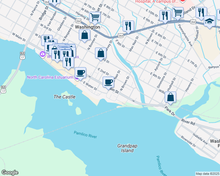 map of restaurants, bars, coffee shops, grocery stores, and more near 203 South McNair Street in Washington