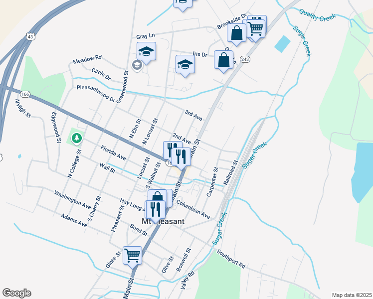 map of restaurants, bars, coffee shops, grocery stores, and more near 105 2nd Avenue in Mount Pleasant