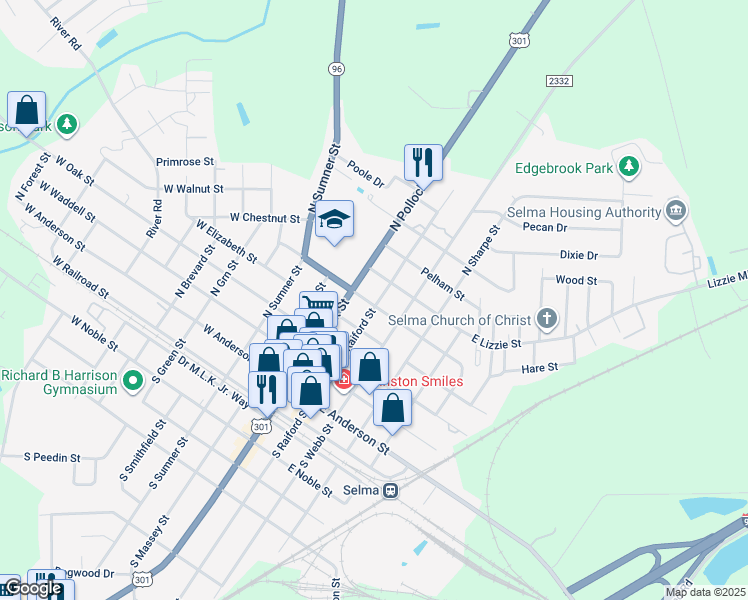 map of restaurants, bars, coffee shops, grocery stores, and more near 501 North Raiford Street in Selma