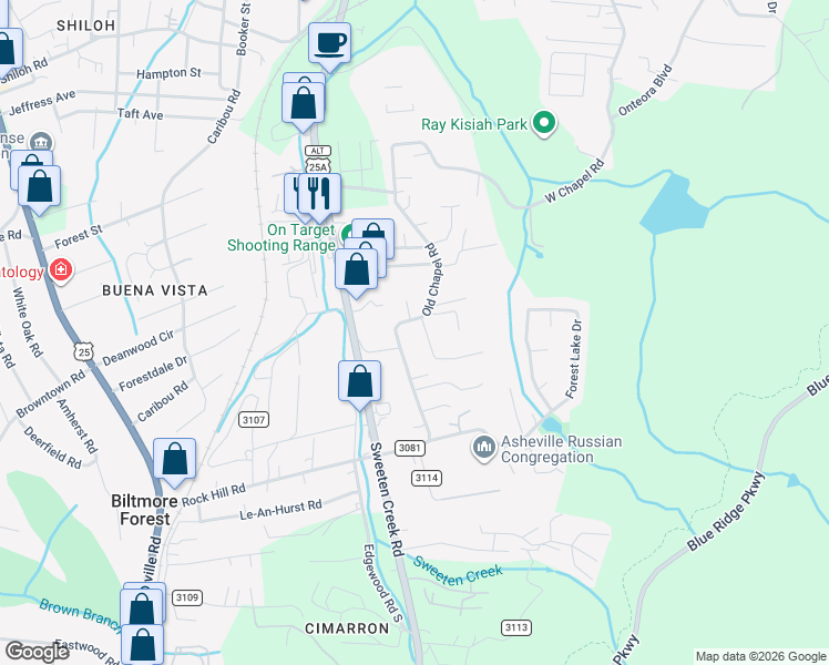 map of restaurants, bars, coffee shops, grocery stores, and more near 49 1/2 Forest Street in Asheville