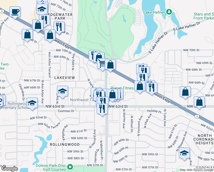 map of restaurants, bars, coffee shops, grocery stores, and more near 6600 North Meridian Avenue in Oklahoma City